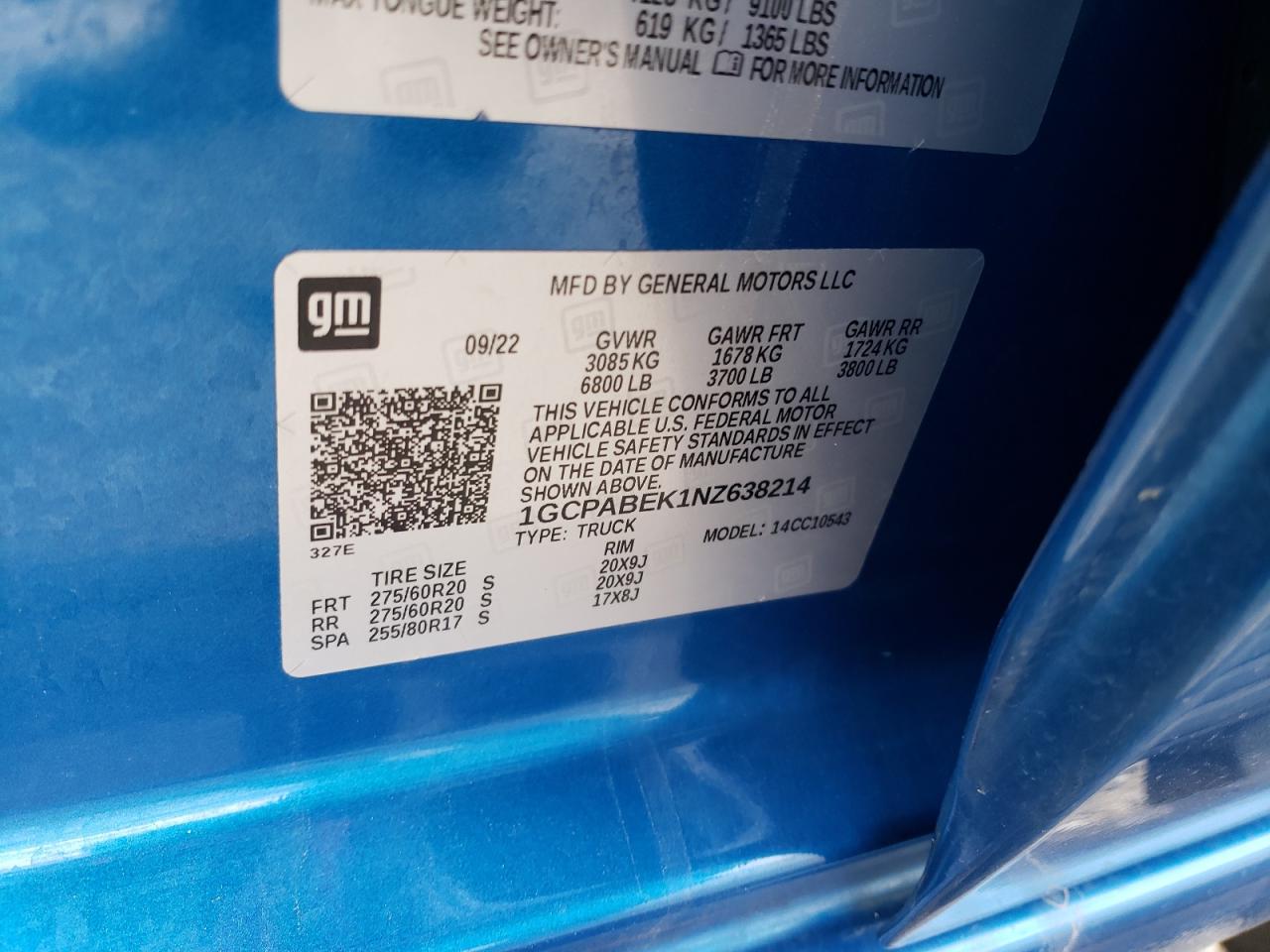 2022 CHEVROLET SILVERADO C1500 CUSTOM VIN:1GCPABEK1NZ638214