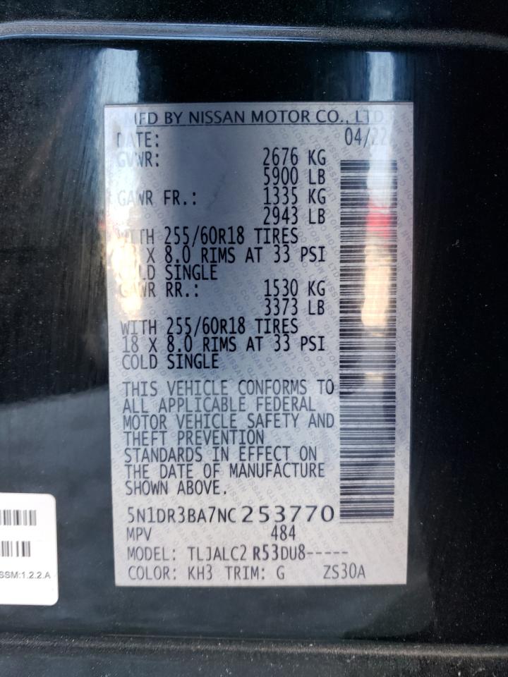 2022 NISSAN PATHFINDER SV VIN:5N1DR3BA7NC253770