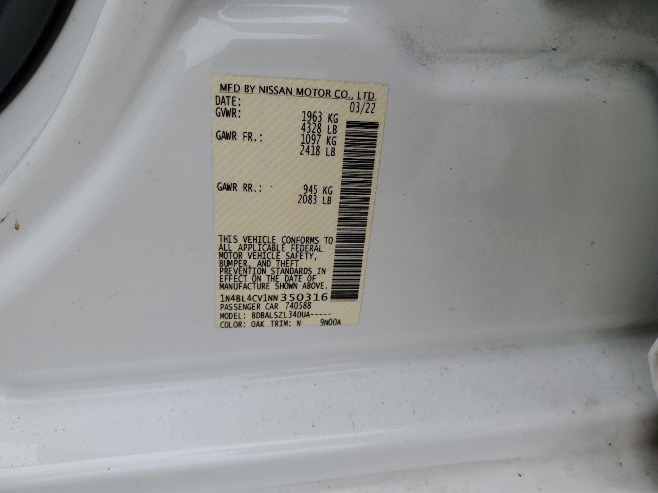 2022 NISSAN ALTIMA SR VIN:1N4BL4CV1NN350316