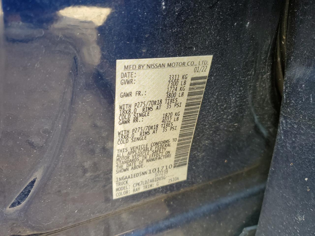 2022 NISSAN TITAN SV VIN:1N6AA1ED5NN101710