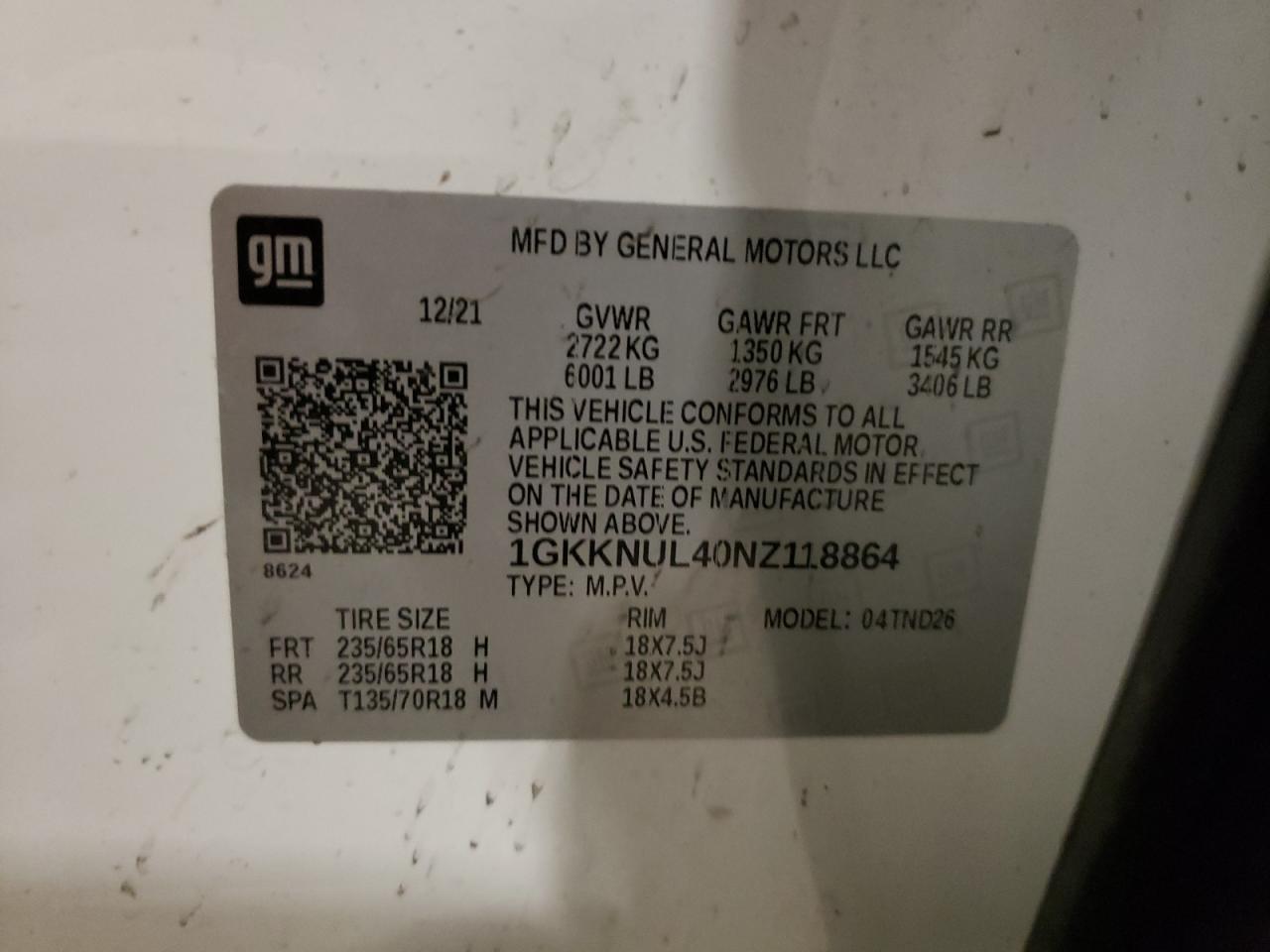 2022 GMC ACADIA SLT VIN:1GKKNUL40NZ118864