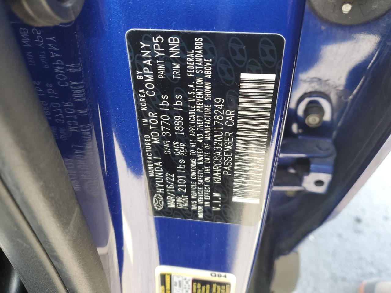 2022 HYUNDAI VENUE SEL VIN:KMHRC8A32NU178249