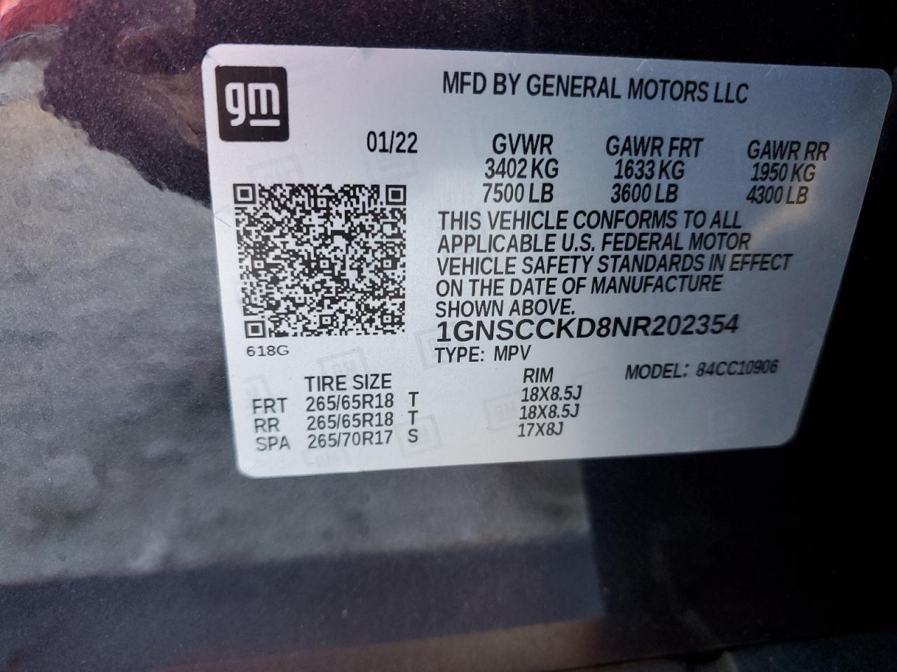 2022 CHEVROLET SUBURBAN C1500 LT VIN:1GNSCCKD8NR202354