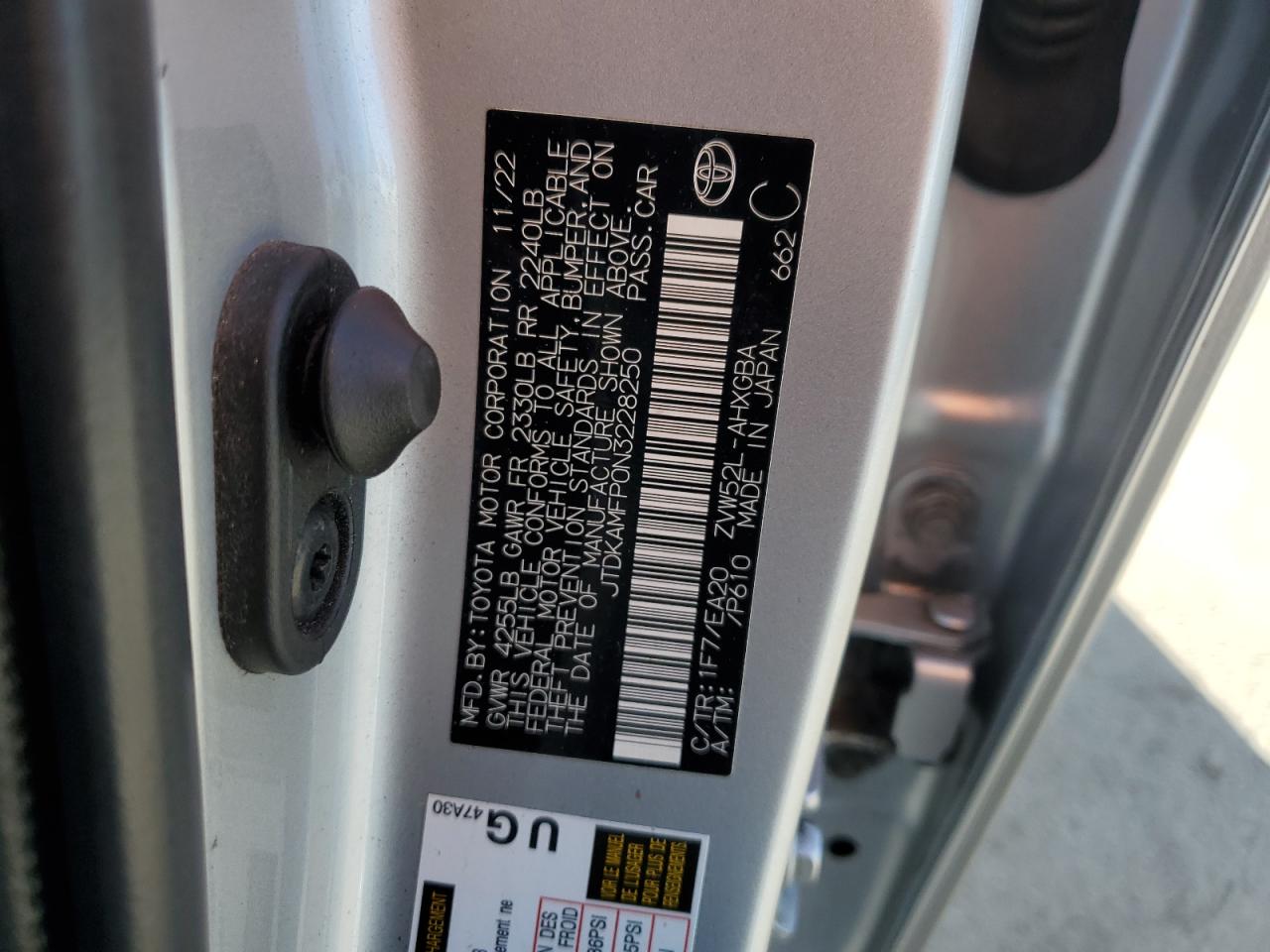 2022 TOYOTA PRIUS PRIME LE VIN:JTDKAMFP0N3228250