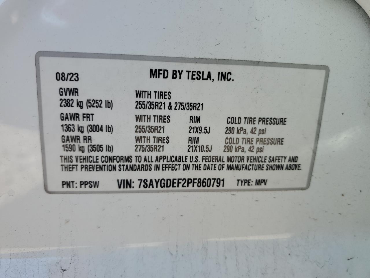 2023 TESLA MODEL Y  VIN:7SAYGDEF2PF860791