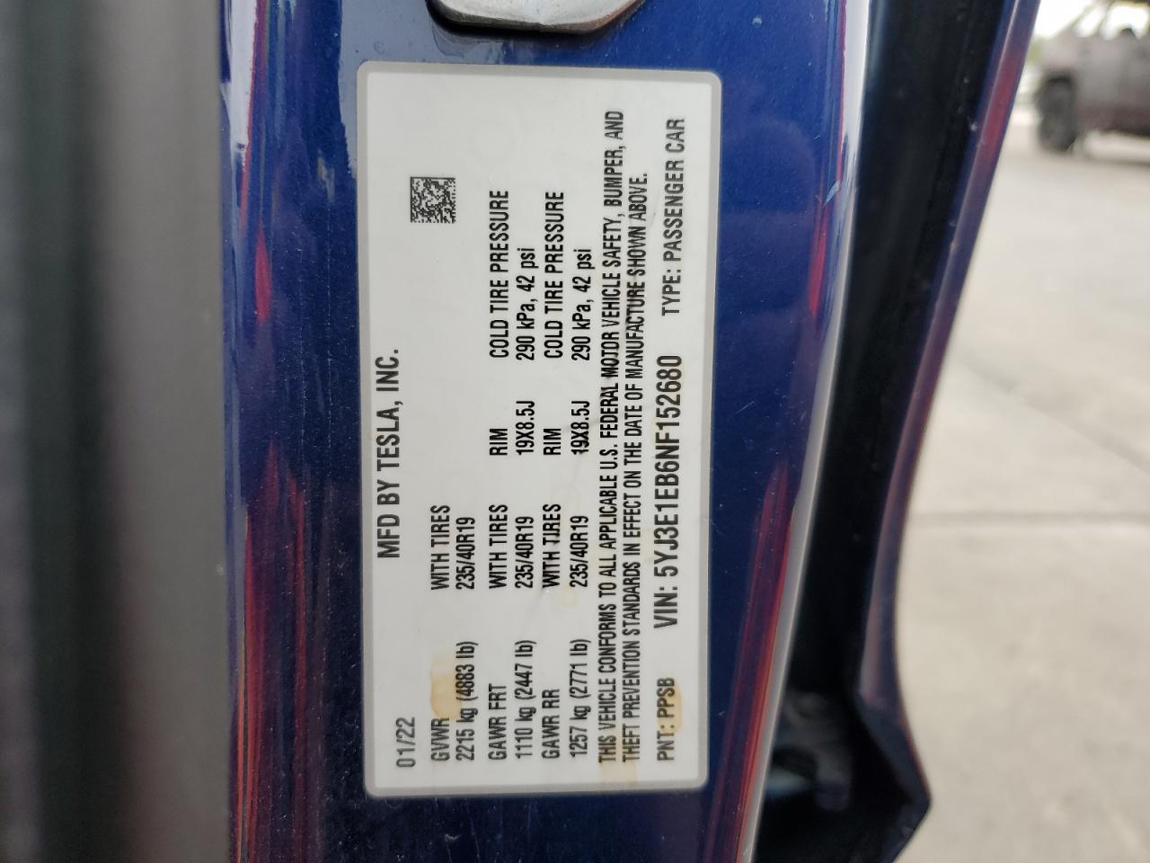 2022 TESLA MODEL 3  VIN:5YJ3E1EB6NF152680