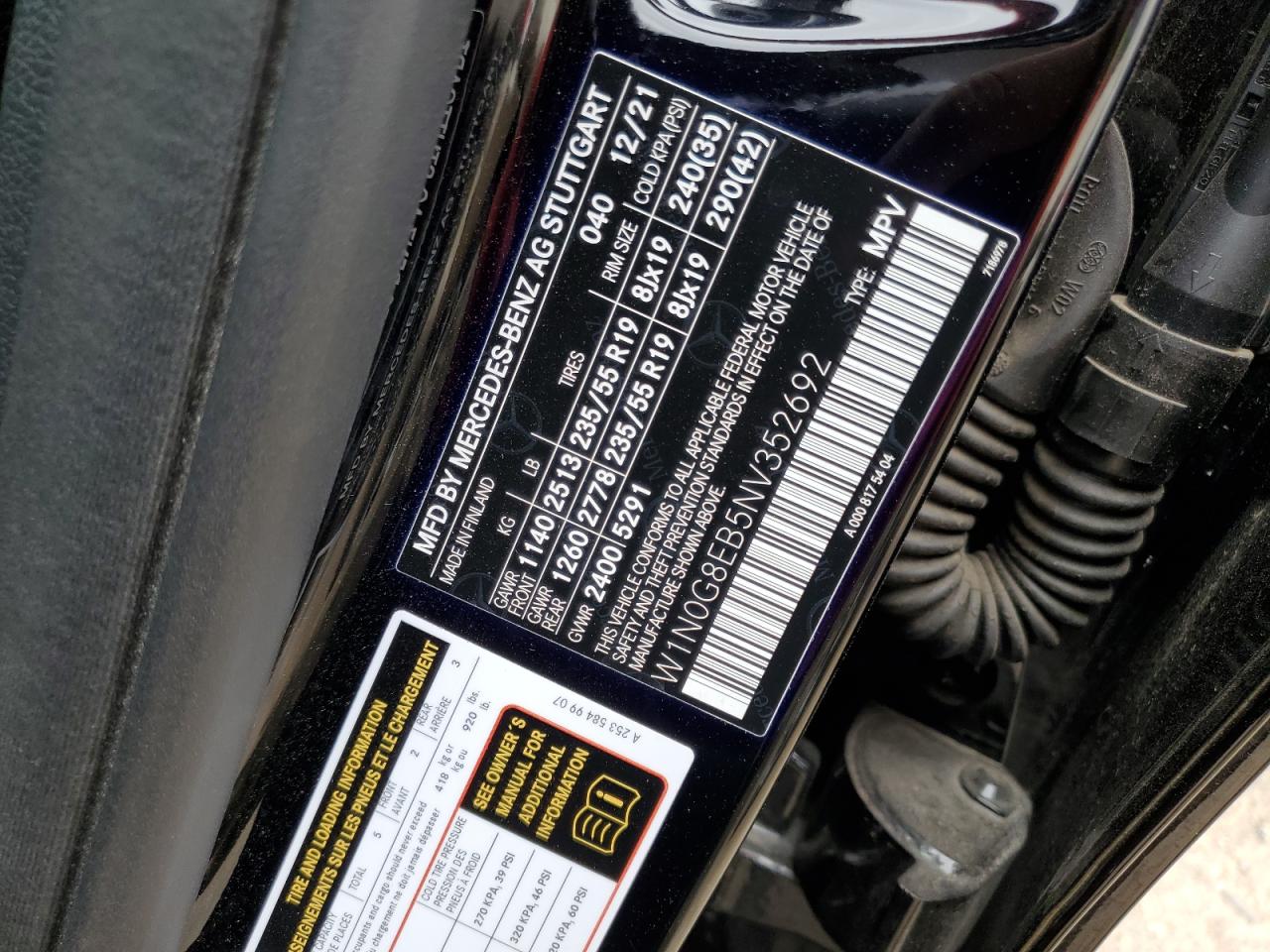 2022 MERCEDES-BENZ GLC 300 4MATIC VIN:W1N0G8EB5NV352692