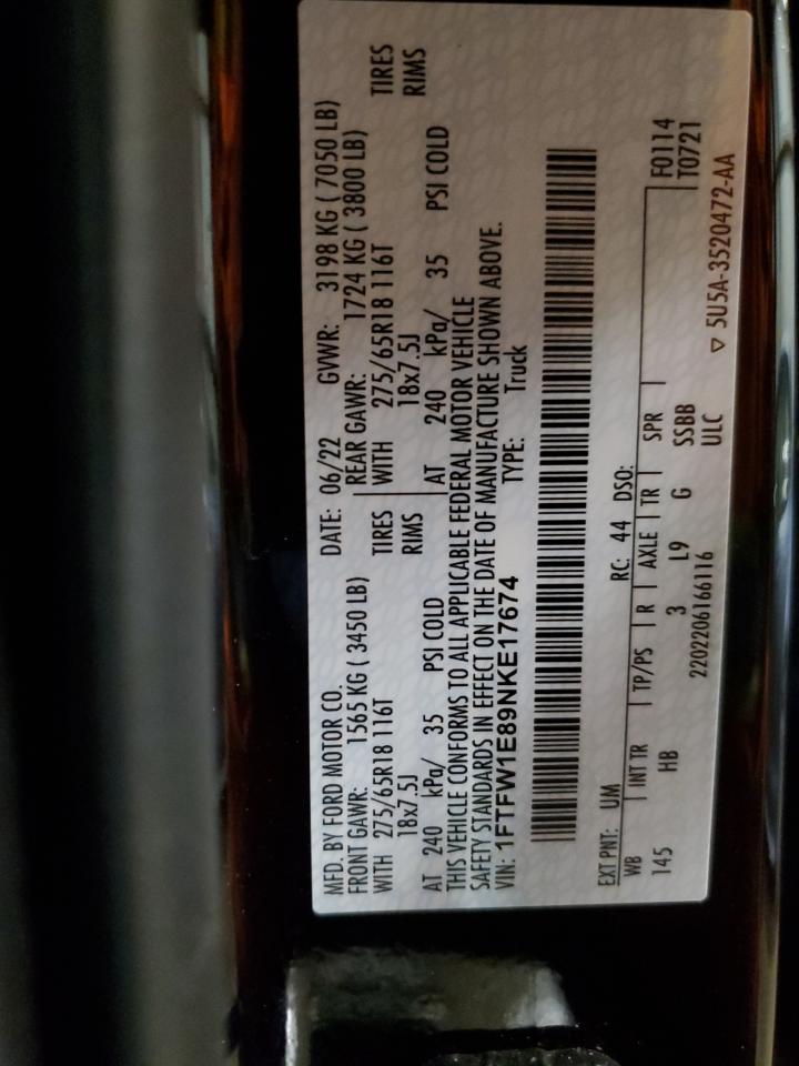 2022 FORD F150 SUPERCREW VIN:1FTFW1E89NKE17674