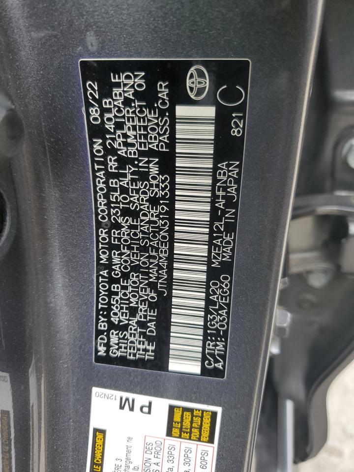 2022 TOYOTA COROLLA XSE VIN:JTNA4MBE0N3191333