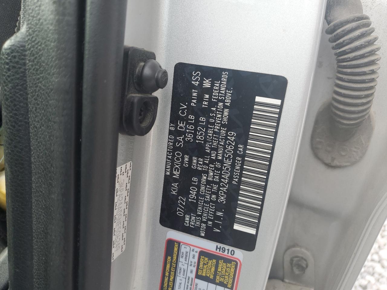 2022 KIA RIO LX VIN:3KPA24AD5NE506249