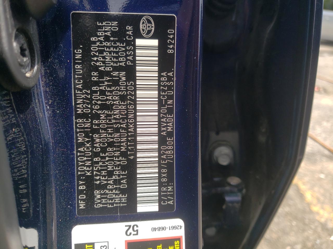 2022 TOYOTA CAMRY SE VIN:4T1T11AK6NU672205