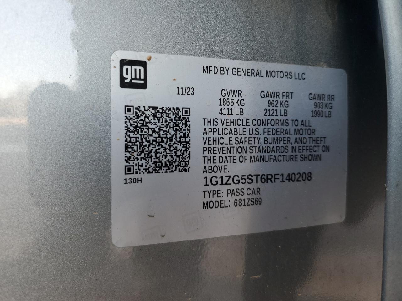 2024 CHEVROLET MALIBU RS VIN:1G1ZG5ST6RF140208