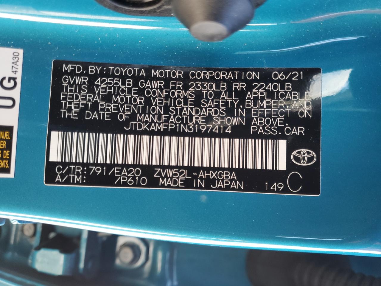 2022 TOYOTA PRIUS PRIME LE VIN:JTDKAMFP1N3197414