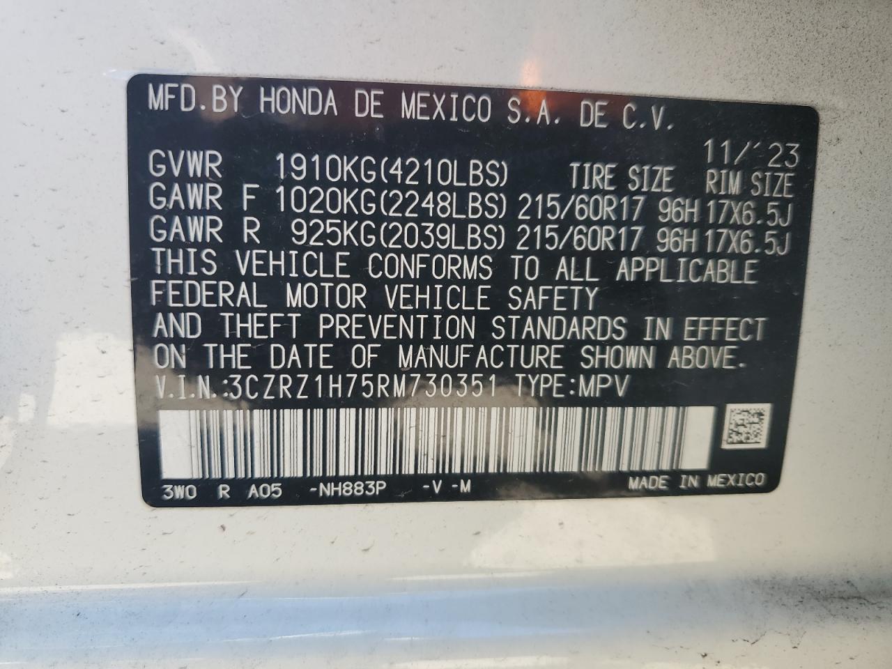 2024 HONDA HR-V EXL VIN:3CZRZ1H75RM730351