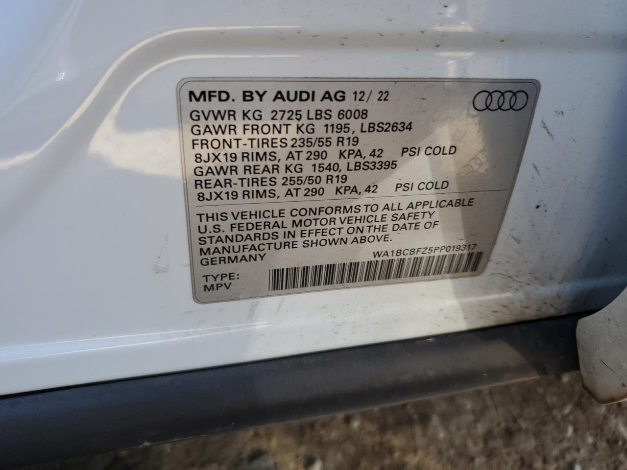 2023 AUDI Q4 E-TRON PREMIUM PLUS VIN:WA1BCBFZ5PP019317