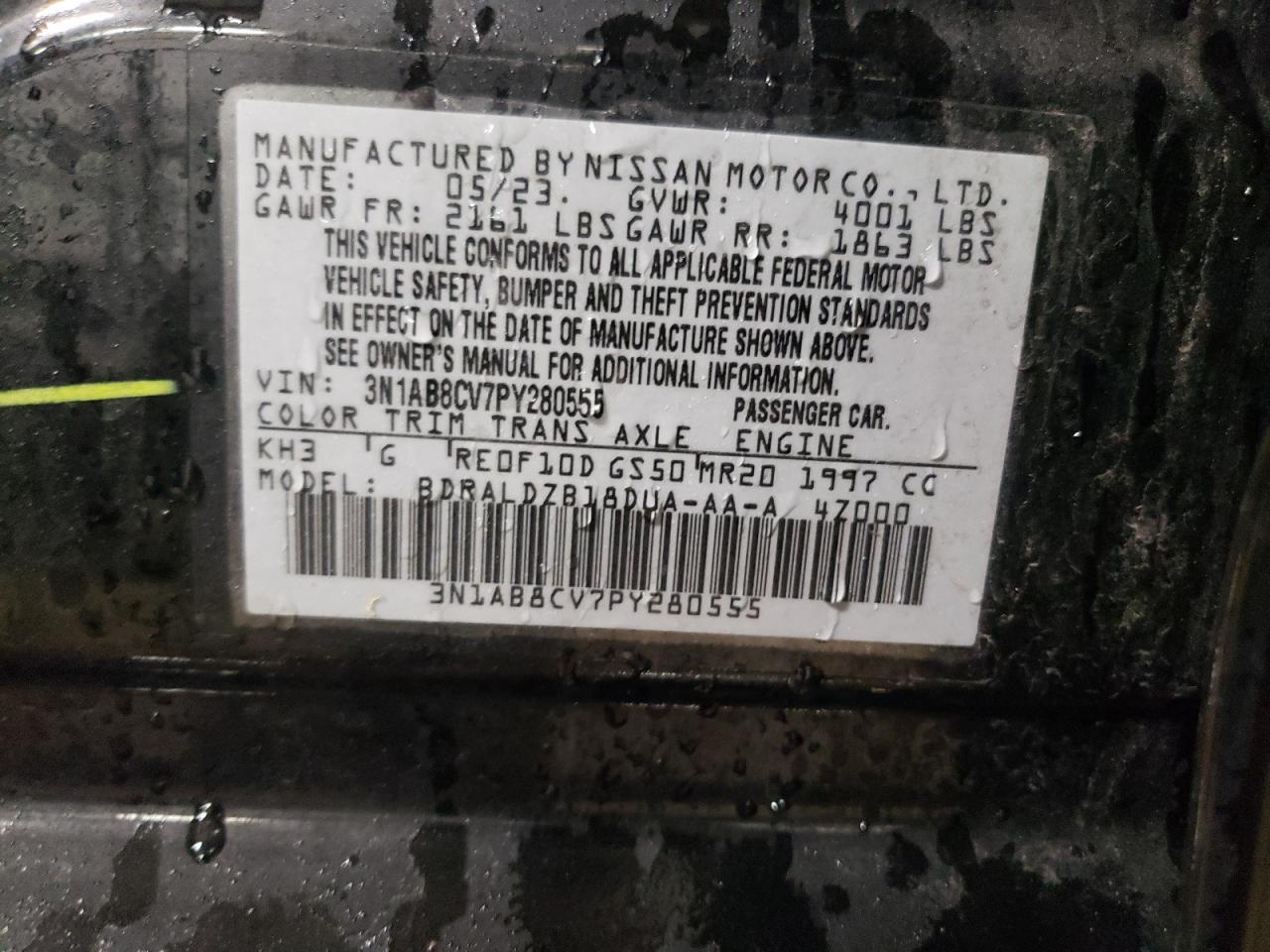2023 NISSAN SENTRA SV VIN:3N1AB8CV7PY280555