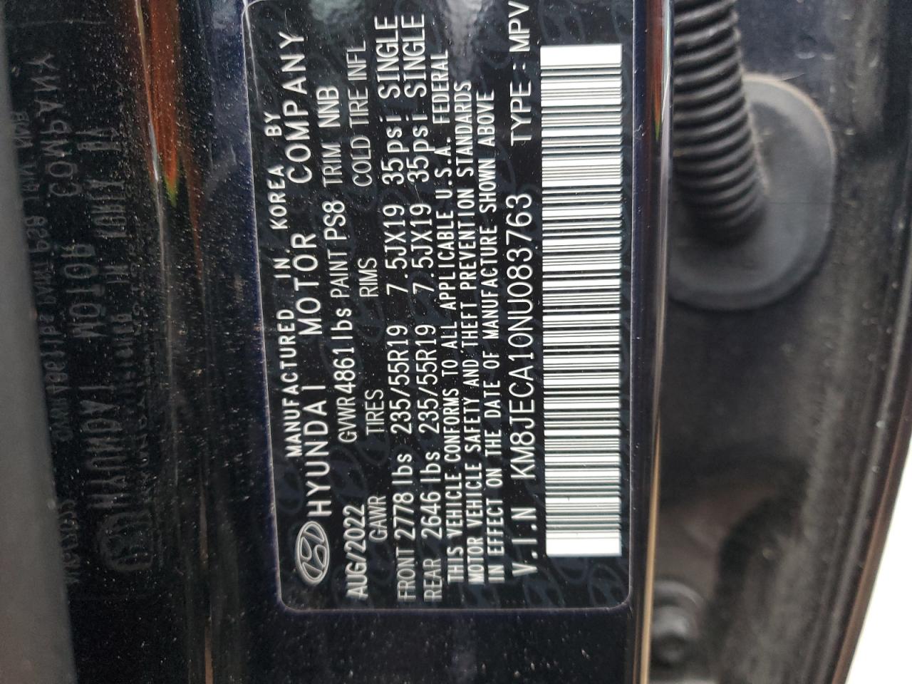 2022 HYUNDAI TUCSON LIMITED VIN:KM8JECA10NU083763