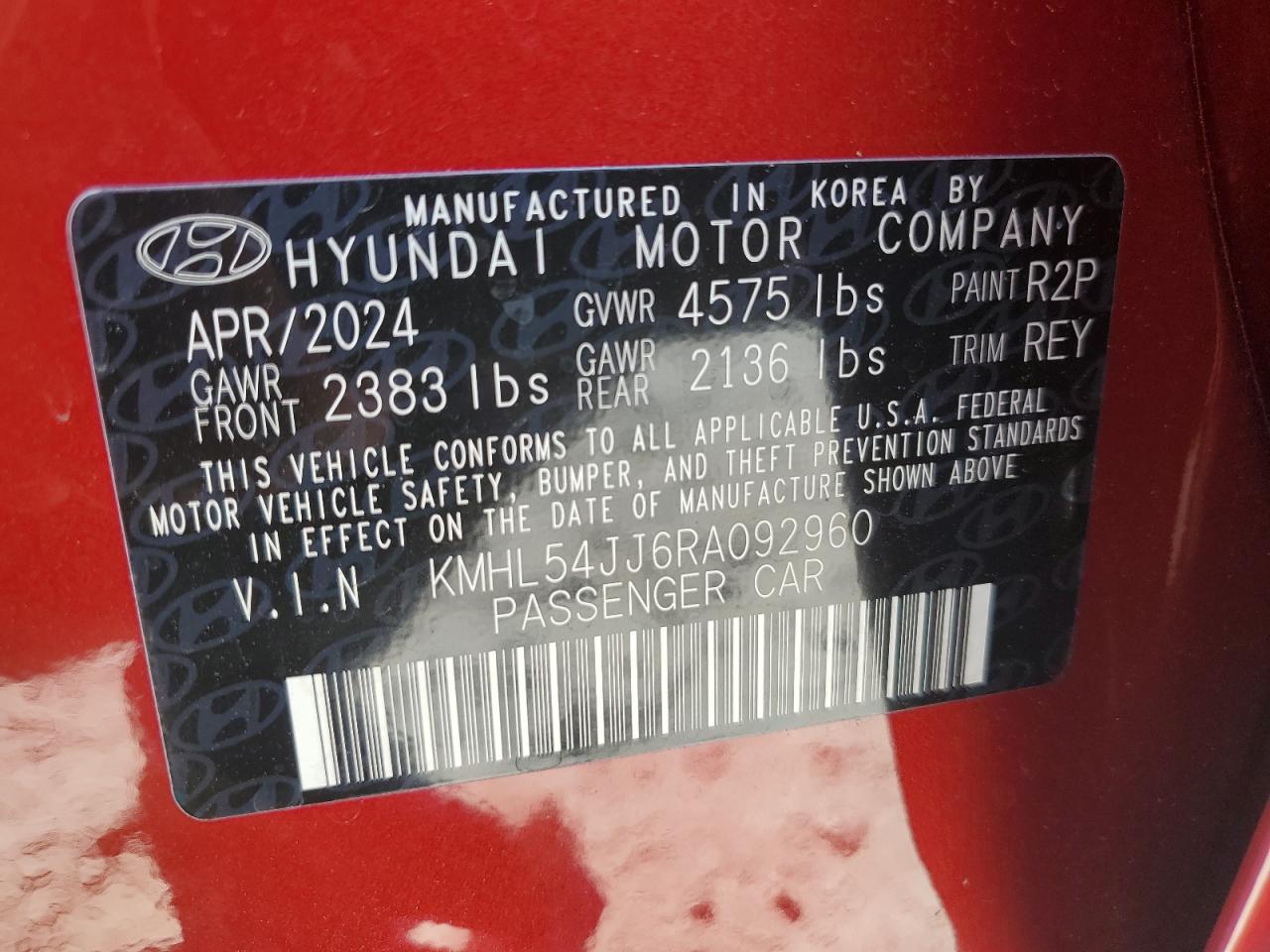 2024 HYUNDAI SONATA HYBRID VIN:KMHL54JJ6RA092960