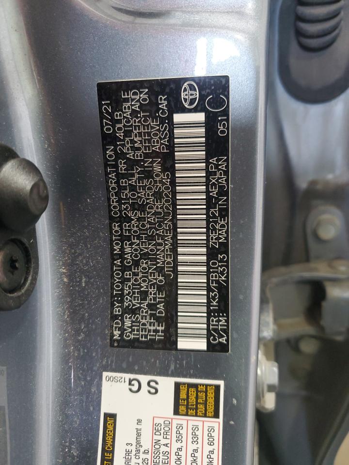 2022 TOYOTA COROLLA LE VIN:JTDEPMAE5NJ202045