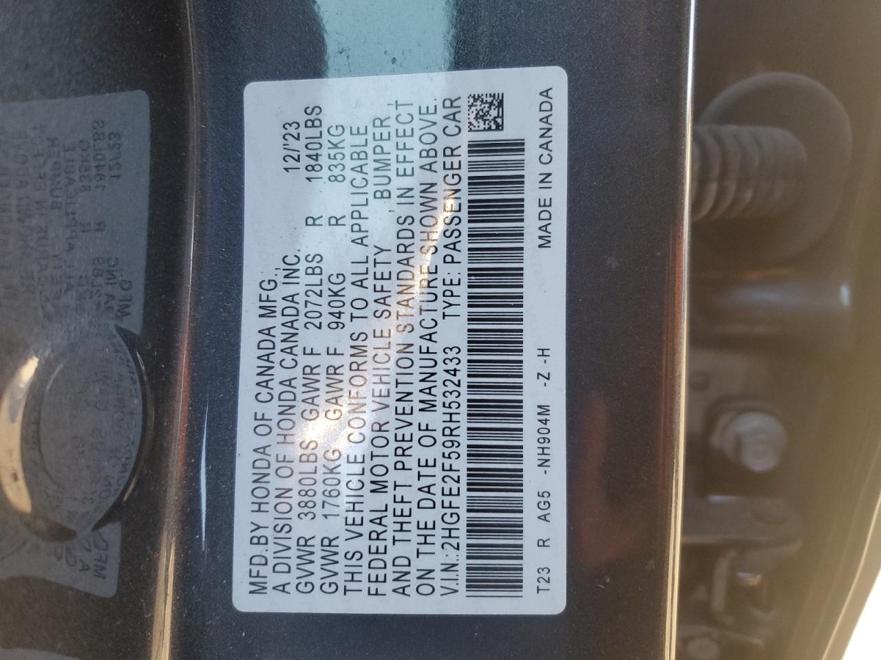 2024 HONDA CIVIC SPORT VIN:2HGFE2F59RH532433