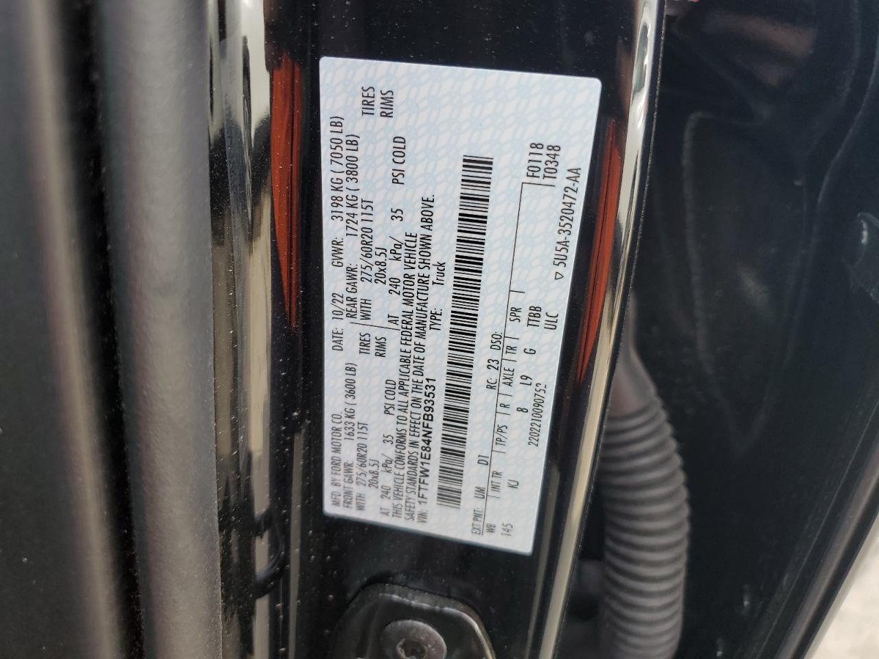 2022 FORD F150 SUPERCREW VIN:1FTFW1E84NFB93531