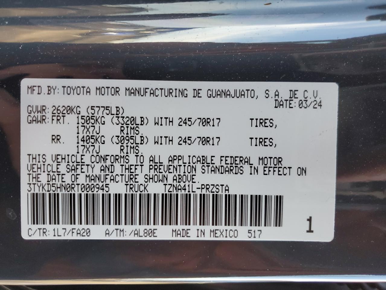 2024 TOYOTA TACOMA DOUBLE CAB VIN:3TYKD5HN0RT000945