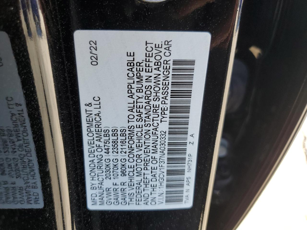 2022 HONDA ACCORD SPORT VIN:1HGCV1F37NA030332