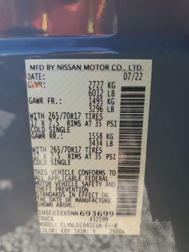 2022 NISSAN FRONTIER S VIN:5NPDH4AE9GH694809