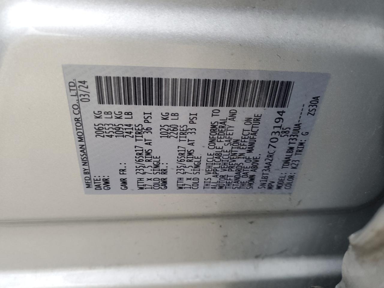 2024 NISSAN ROGUE S VIN:5N1BT3AA2RC703194