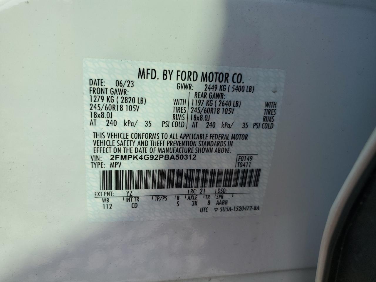 2023 FORD EDGE SE VIN:2FMPK4G92PBA50312