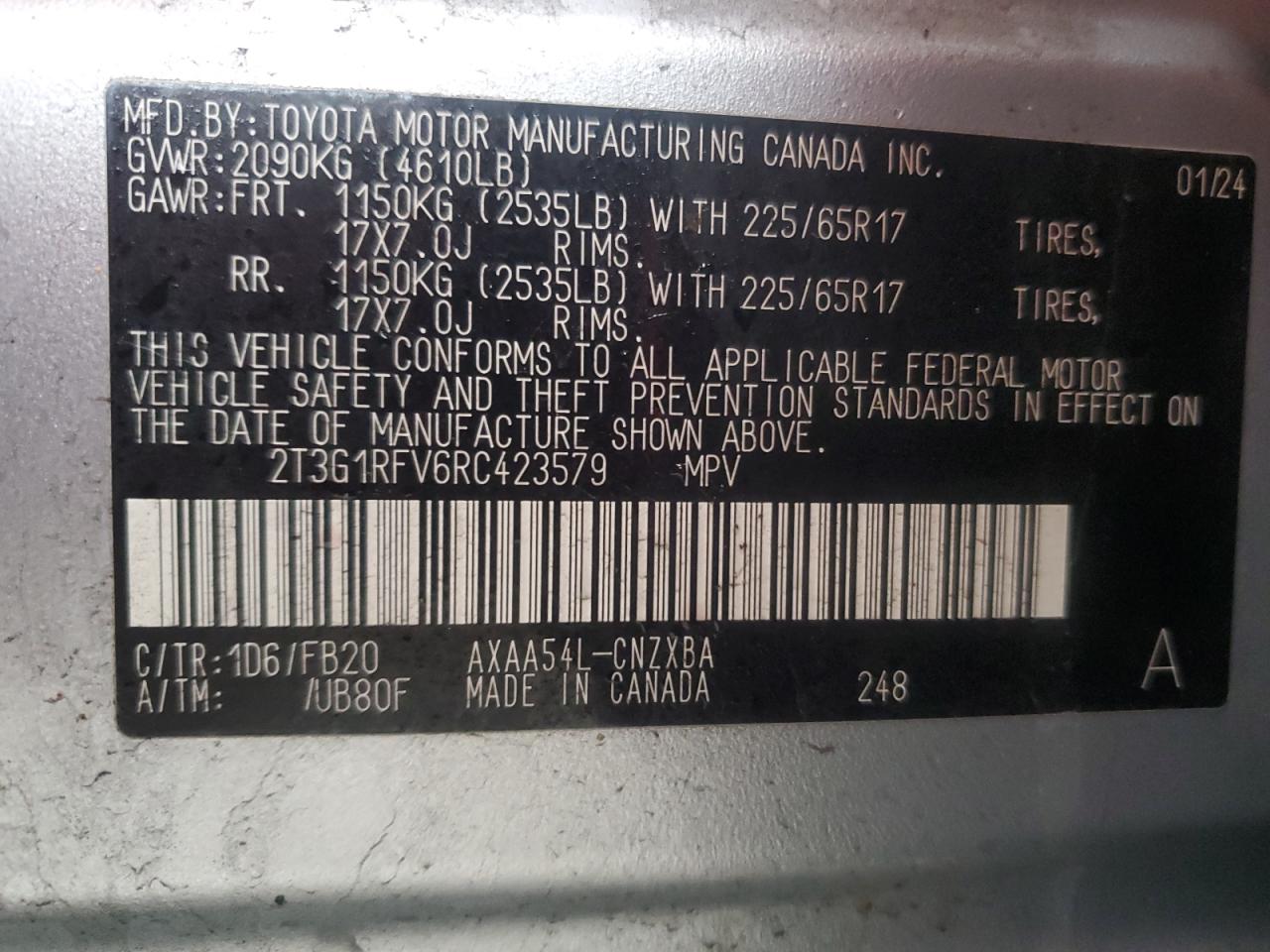 2024 TOYOTA RAV4 LE VIN:2T3G1RFV6RC423579