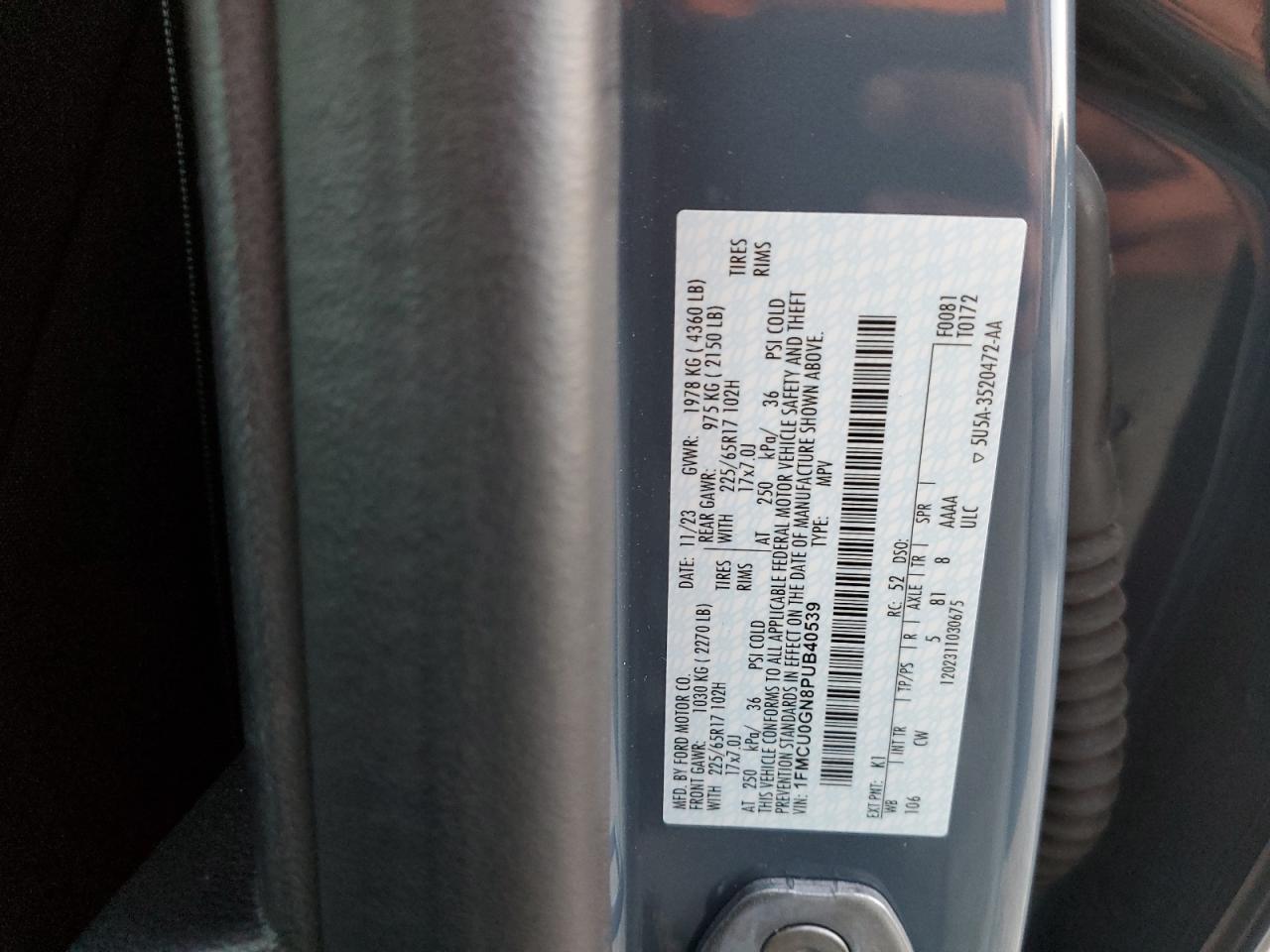 2023 FORD ESCAPE ACTIVE VIN:1FMCU0GN8PUB40539