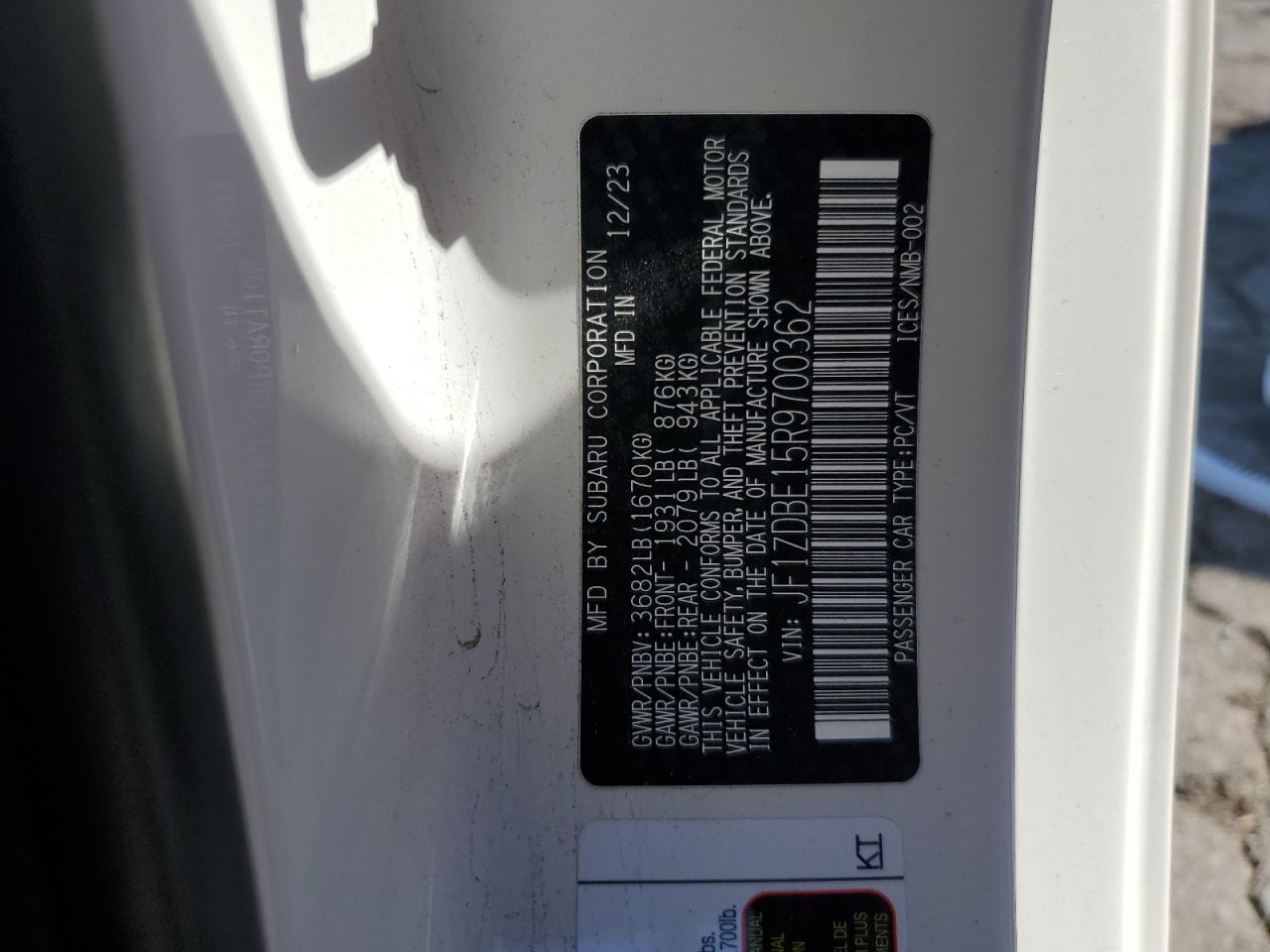 2024 SUBARU BRZ LIMITED VIN:JF1ZDBE15R9700362