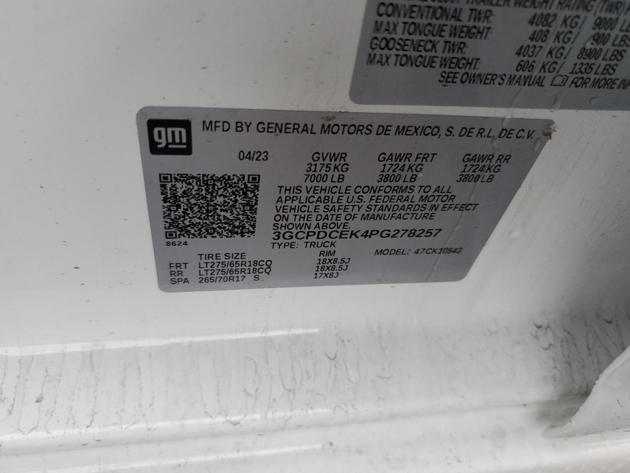 2023 CHEVROLET SILVERADO K1500 TRAIL BOSS CUSTOM VIN:3GCPDCEK4PG278257