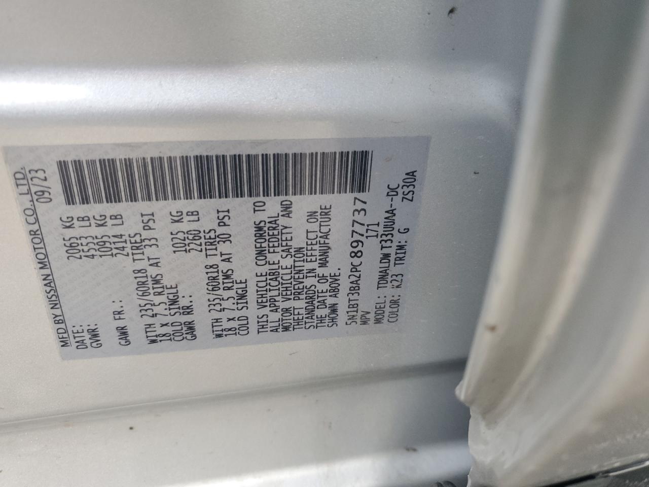 2023 NISSAN ROGUE SV VIN:5N1BT3BA2PC897737