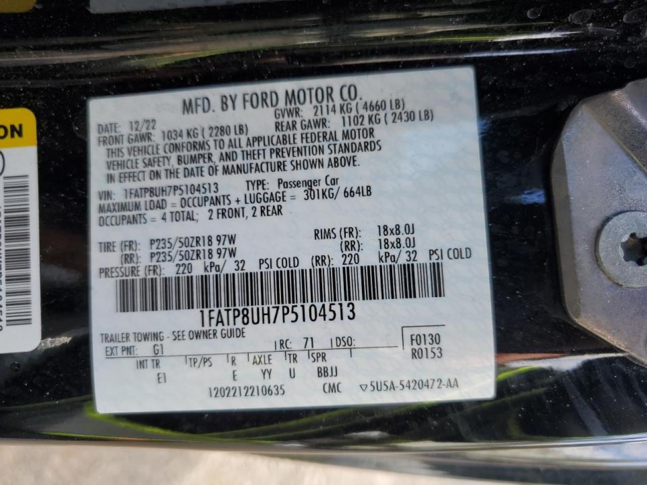 2023 FORD MUSTANG  VIN:1FATP8UH7P5104513