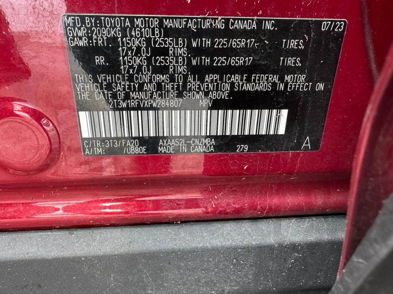 2023 TOYOTA RAV4 XLE VIN:2T3W1RFVXPW284807