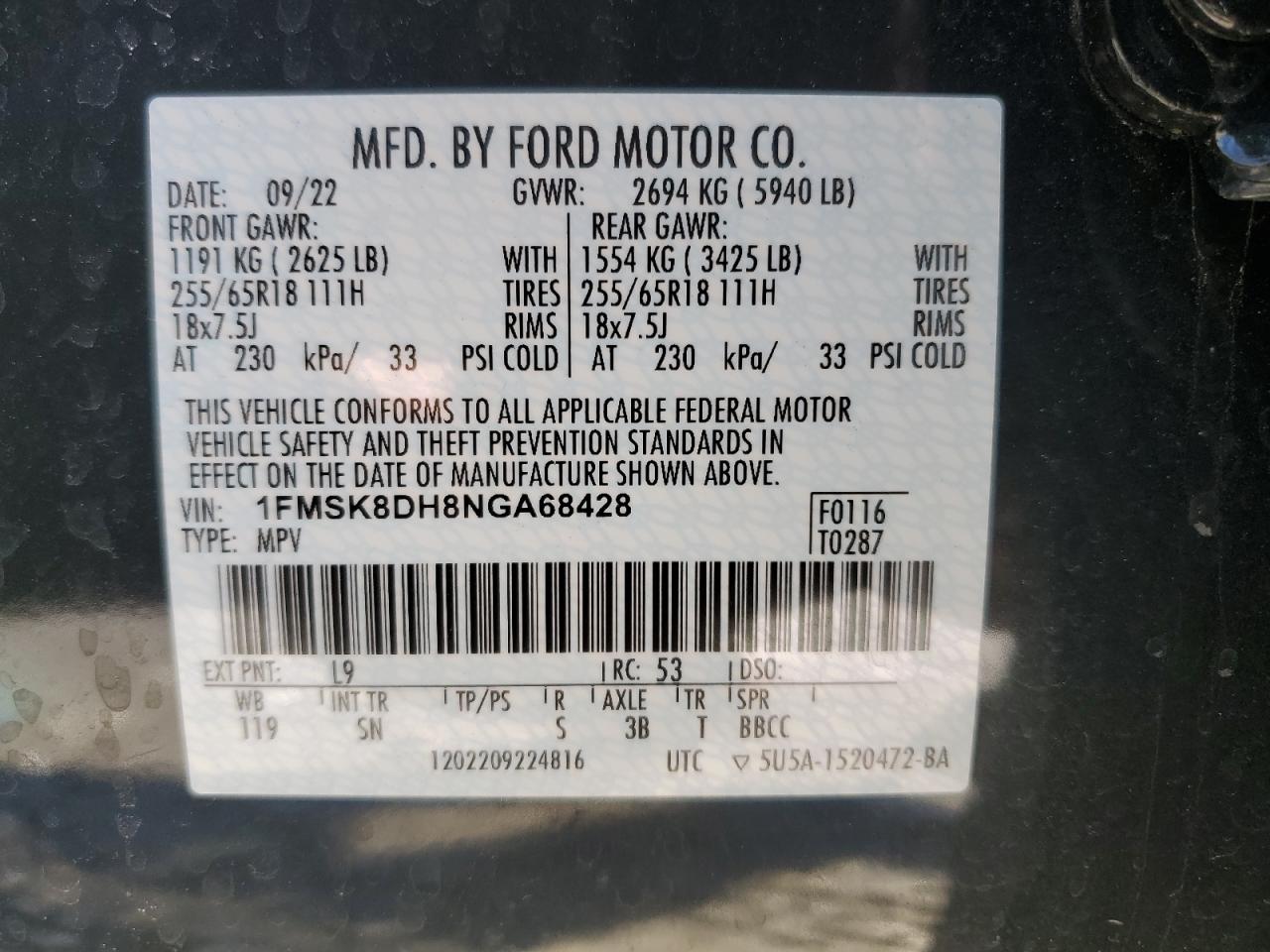2022 FORD EXPLORER XLT VIN:1FMSK8DH8NGA68428