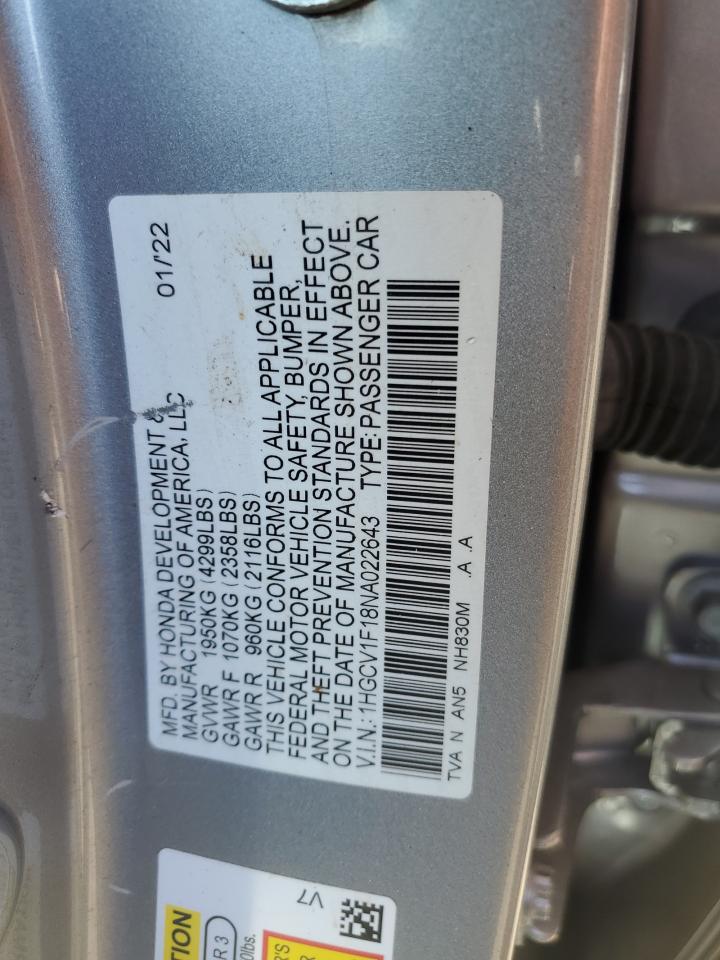 2022 HONDA ACCORD LX VIN:1HGCV1F18NA022643