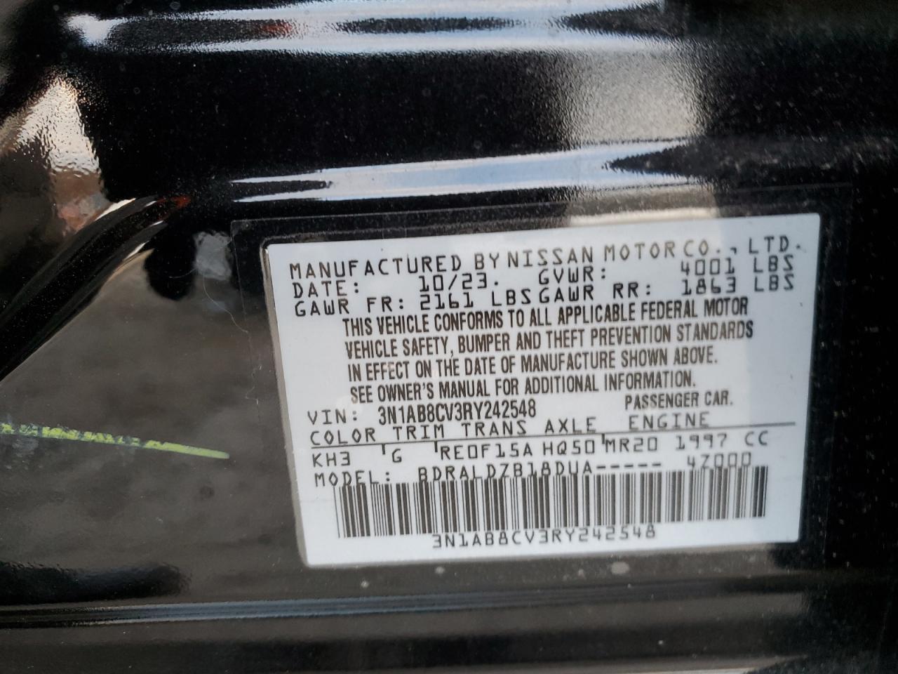 2024 NISSAN SENTRA SV VIN:3N1AB8CV3RY242548