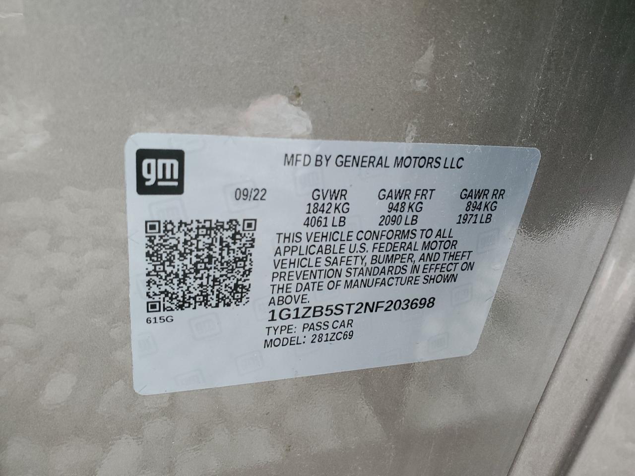 2022 CHEVROLET MALIBU LS VIN:1G1ZB5ST2NF203698