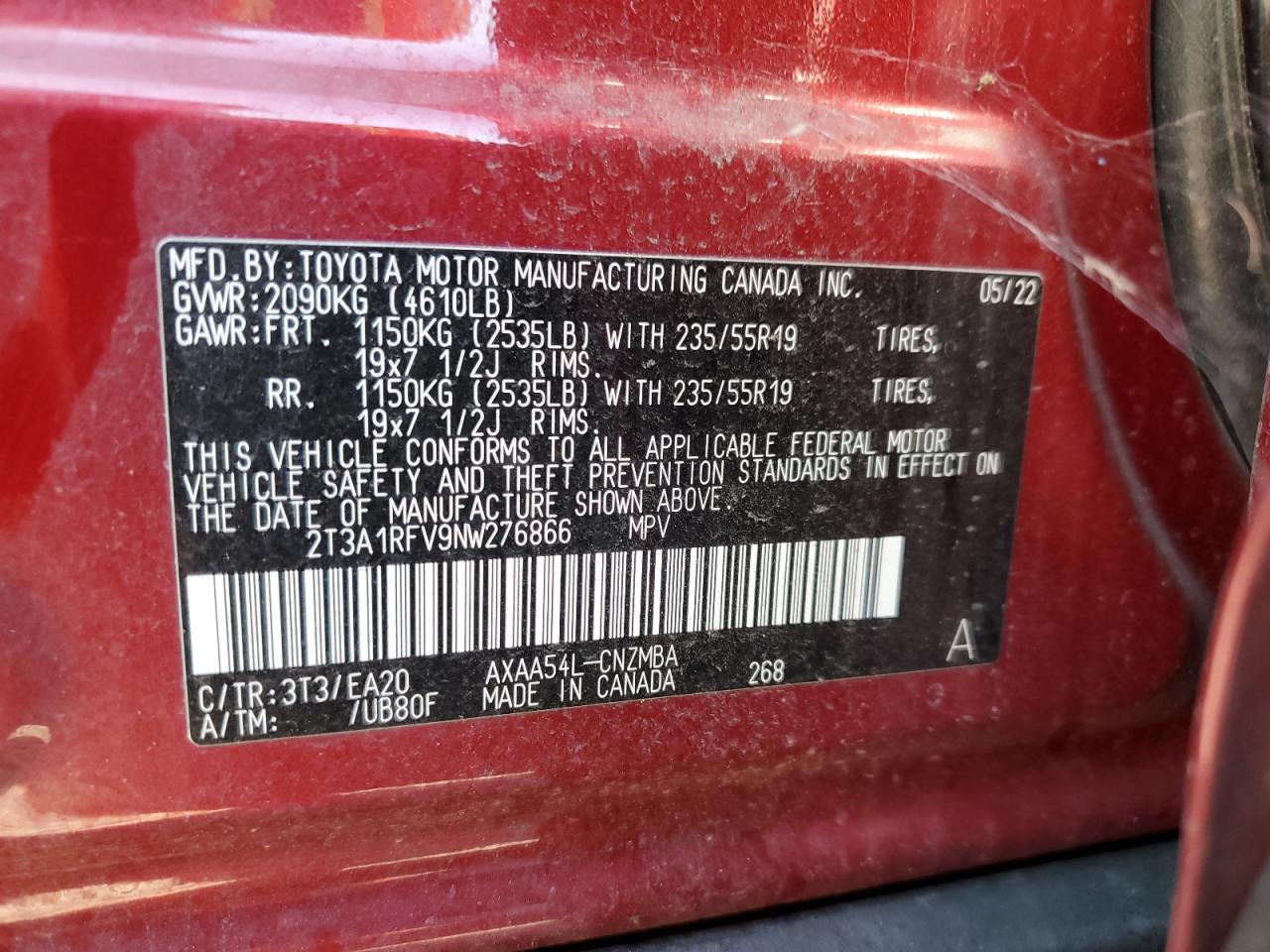 2022 TOYOTA RAV4 XLE PREMIUM VIN:2T3A1RFV9NW276866