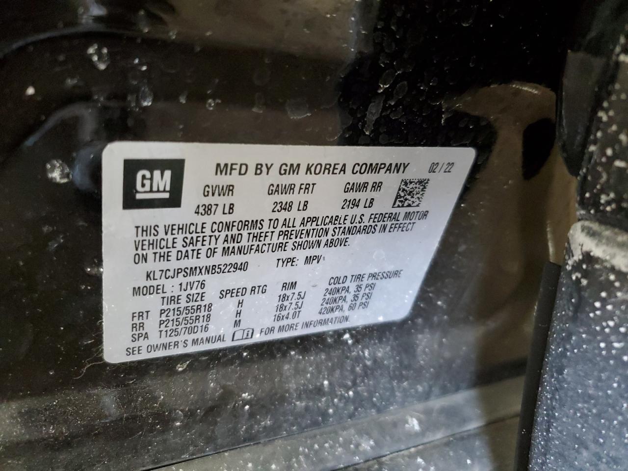 2022 CHEVROLET TRAX 1LT VIN:KL7CJPSMXNB522940