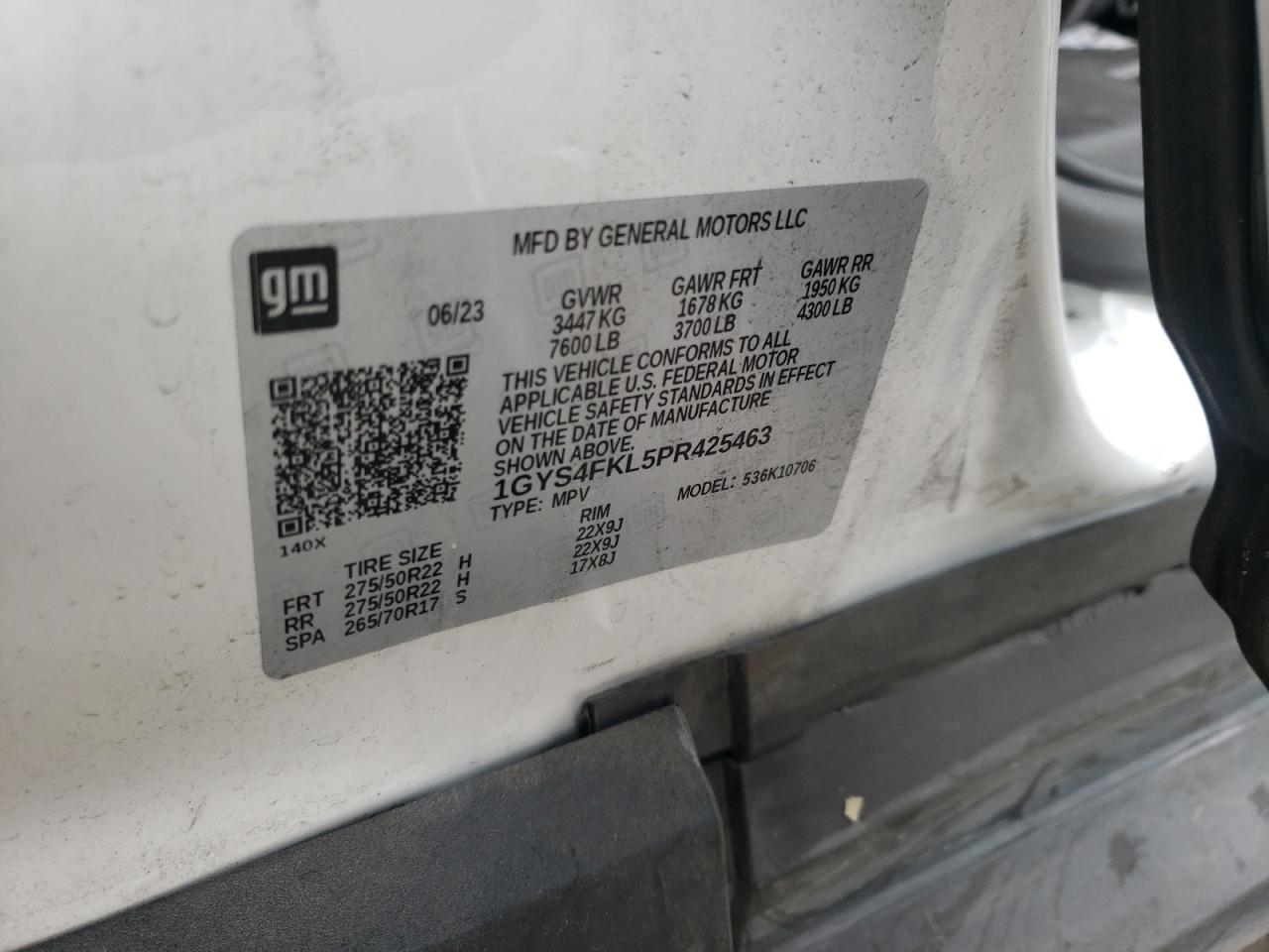 2023 CADILLAC ESCALADE SPORT VIN:1GYS4FKL5PR425463