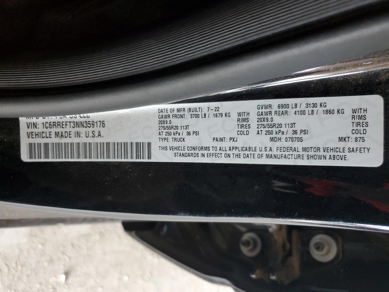 2022 RAM 1500 BIG HORN/LONE STAR VIN:1C6RREFT3NN359176