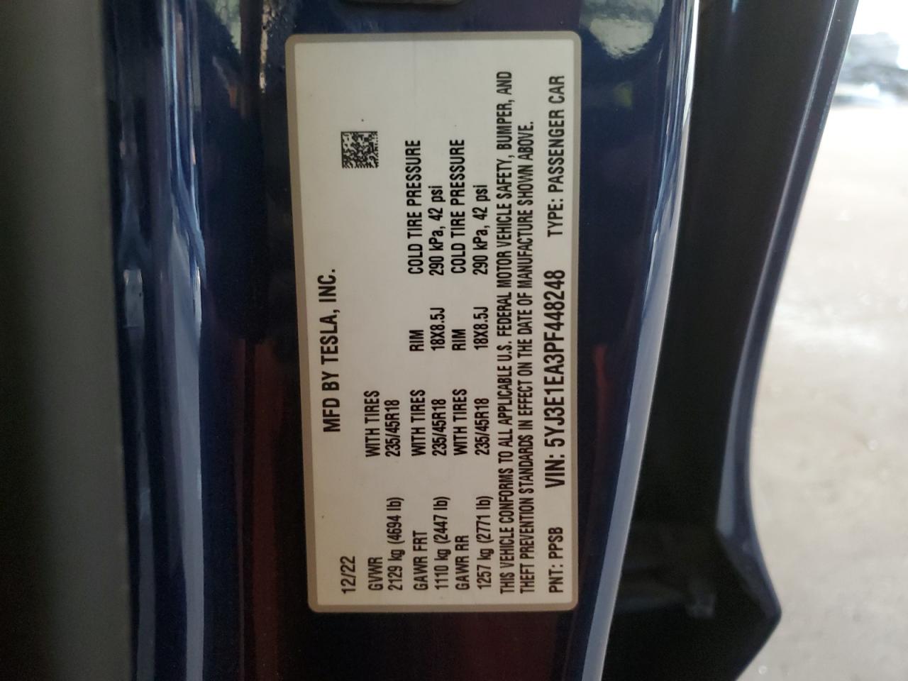 2023 TESLA MODEL 3  VIN:5YJ3E1EA3PF448248