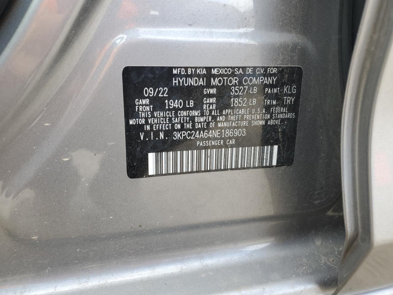 2022 HYUNDAI ACCENT SE VIN:3KPC24A64NE186903