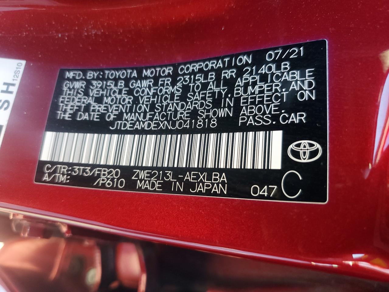 2022 TOYOTA COROLLA LE VIN:JTDEAMDEXNJ041818