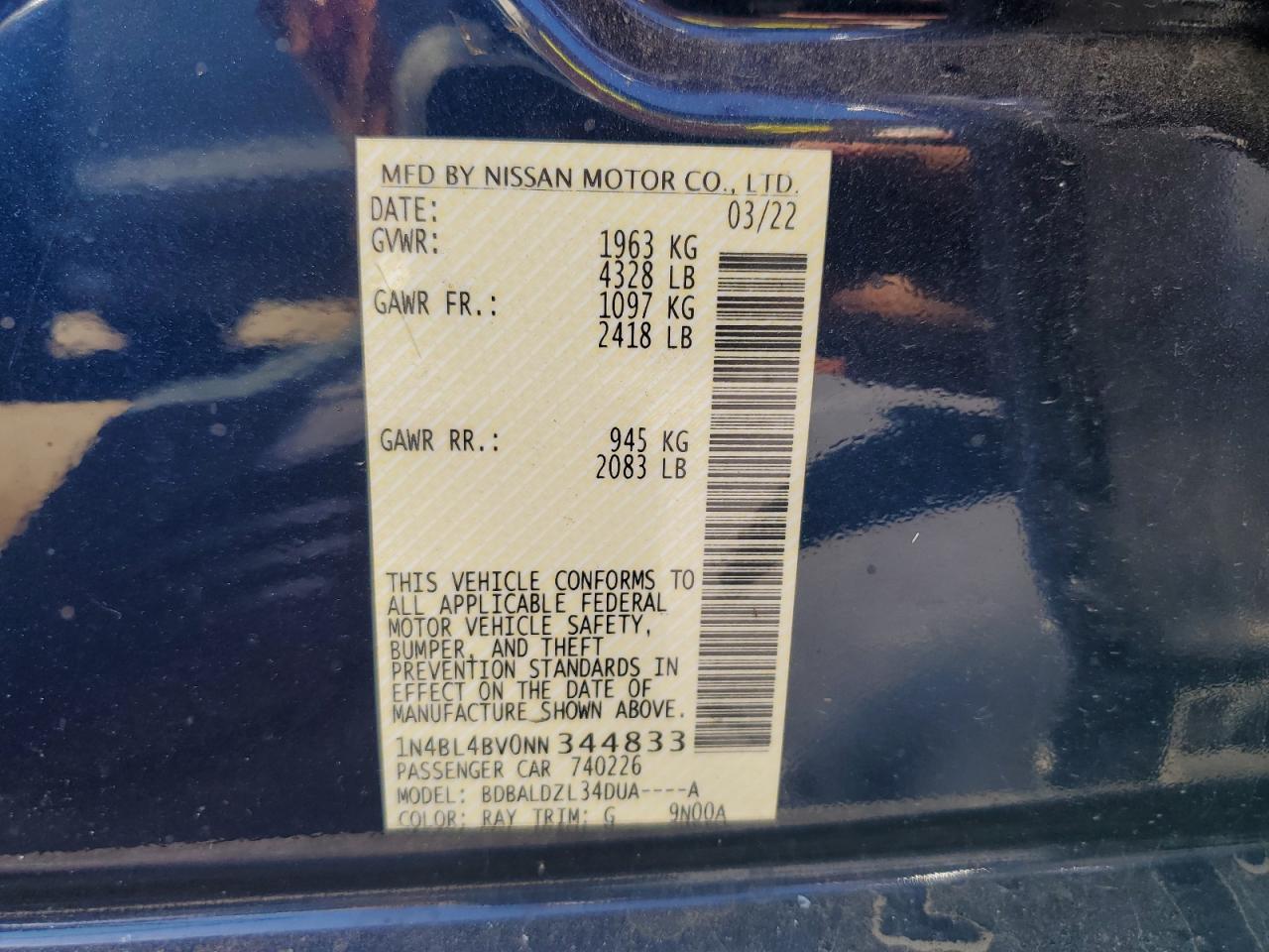 2022 NISSAN ALTIMA S VIN:1N4BL4BV0NN344833