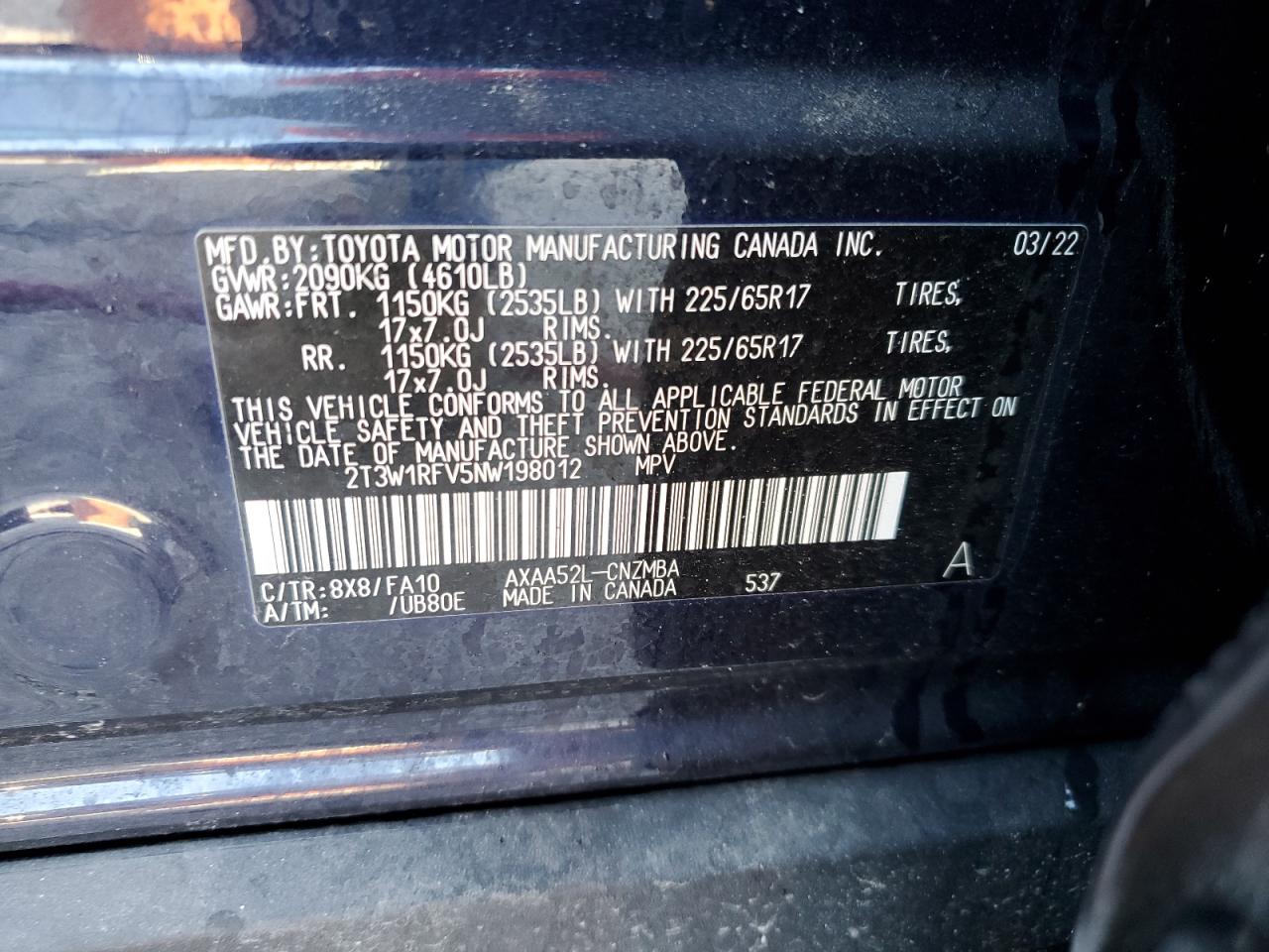 2022 TOYOTA RAV4 XLE VIN:2T3W1RFV5NW198012